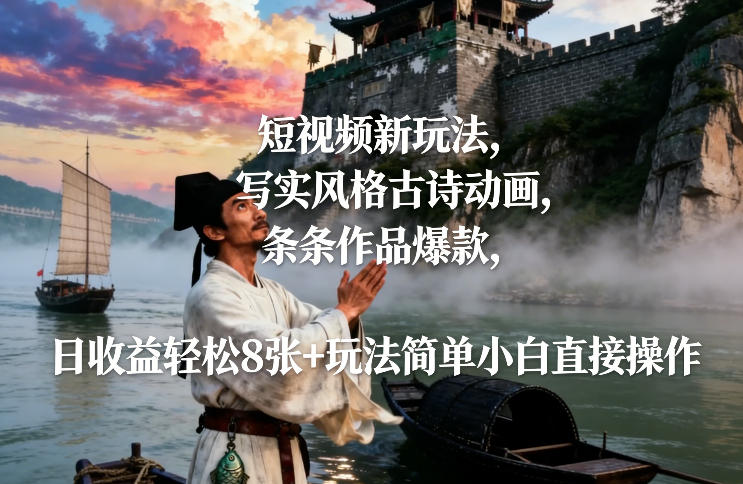 短视频新玩法，写实风格古诗动画，条条作品爆款，日收益轻松8张+玩法简单小白直接操作-蓝海云网创