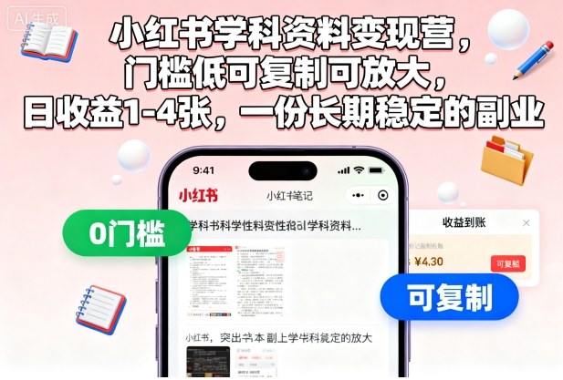小红书学科资料变现营，门槛低可复制可放大，日收益1-4张，一份长期稳定的副业-蓝海云网创