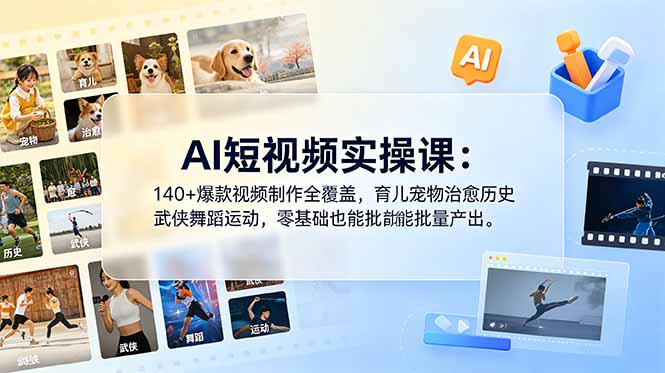 AI短视频实操课：140+爆款视频制作全覆盖，育儿宠物治愈历史武侠舞蹈运动，零基础也能批量产出-蓝海云网创
