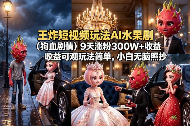 王炸短视频玩法AI水果剧(狗血剧情)9天涨粉300W+收益可观玩法简单，小白无脑照抄，详细拆解玩法-蓝海云网创