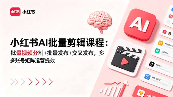 小红书AI批量剪辑课程：批量视频分割+批量发布+交叉发布，多账号矩阵运营提效-蓝海云网创