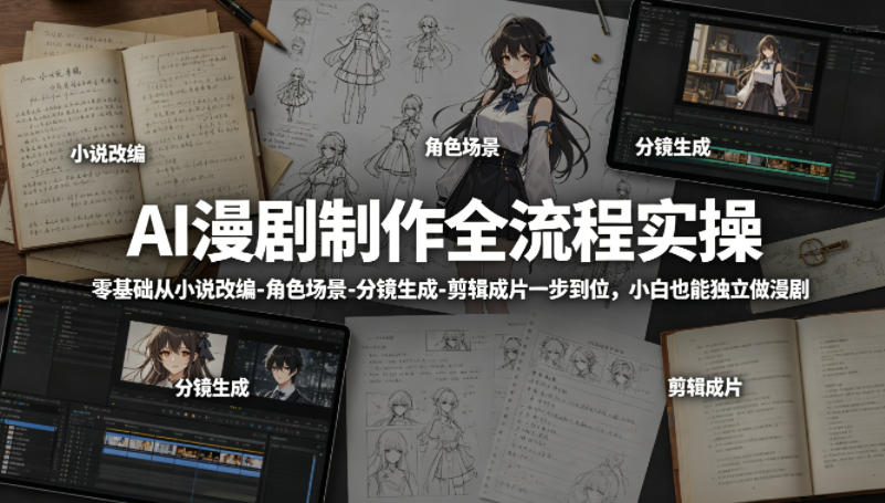 AI漫剧制作全流程实操，零基础从小说改编-角色场景-分镜生成-剪辑成片一步到位，小白也能独立做漫剧-蓝海云网创