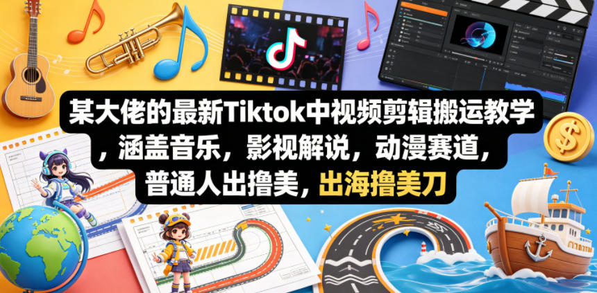 某大佬的最新Tiktok中视频剪辑搬运教学，涵盖音乐，影视解说，动漫赛道，普通人出海撸美刀-蓝海云网创