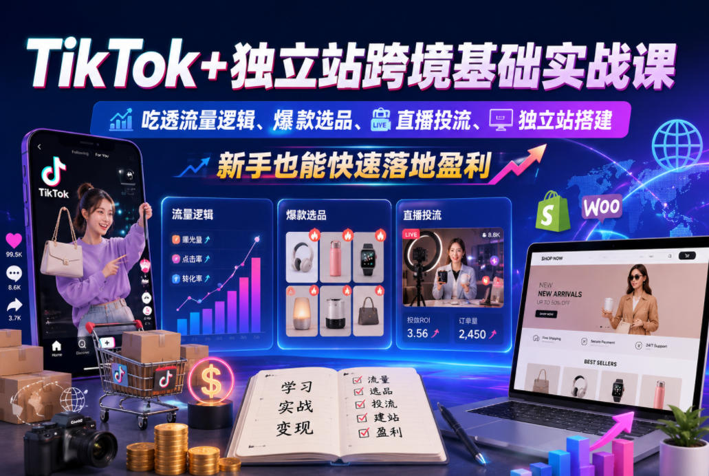 TikTok+独立站跨境基础实战课，吃透流量逻辑、爆款选品、直播投流与独立站搭建，新手也能快速落地盈利-蓝海云网创
