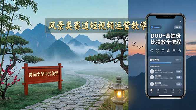 风景类赛道短视频运营教学：诗词文学中式美学，新号养号对标账号定位，DOU+高性价比投放全流程-蓝海云网创