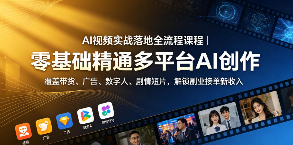 AI视频实战落地全流程课程｜零基础精通多平台AI创作，覆盖带货、广告、数字人、剧情短片，解锁副业接单新收入-蓝海云网创