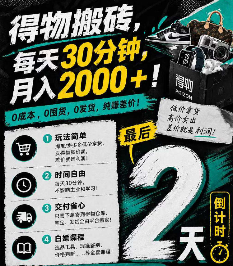 得物搬砖，0成本起步每天30分钟，月入2000+，0成本，0囤货，0发货，纯賺差价-蓝海云网创