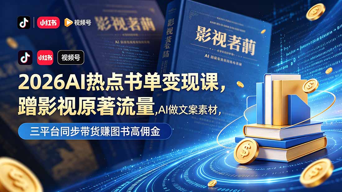 2026AI热点书单变现课，蹭影视原著流量，AI做文案素材，三平台同步带货赚图书高佣金-蓝海云网创