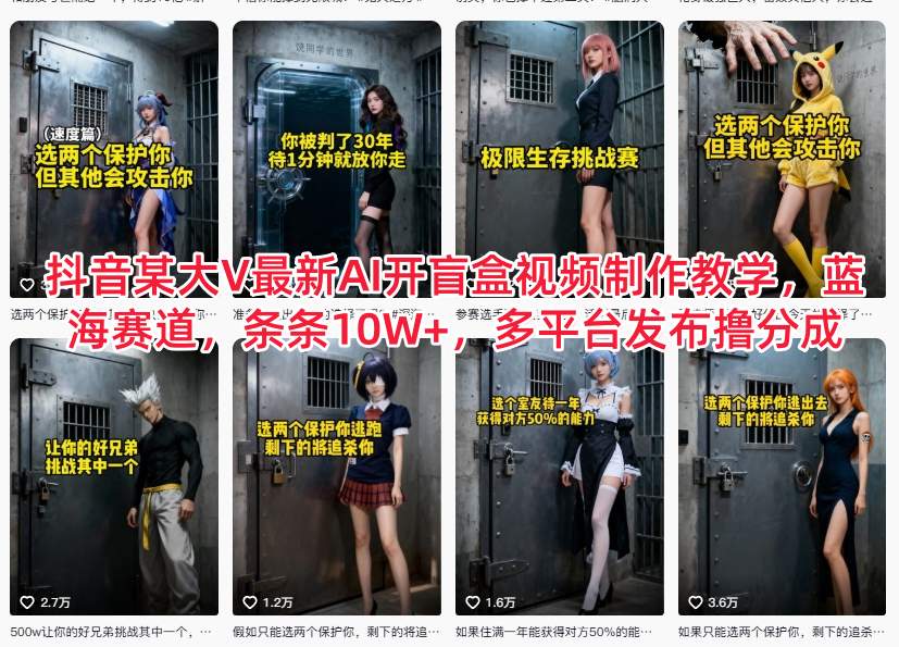 抖音某大V最新AI开盲盒视频制作教学，蓝海赛道，条条10W+，多平台发布撸分成-蓝海云网创