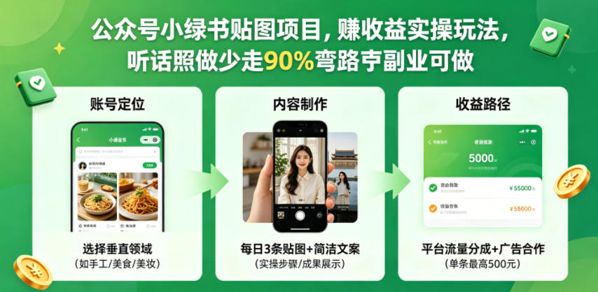 公众号小绿书贴图项目，赚收益实操玩法，听话照听话照少走90%弯路丨副业可做-蓝海云网创