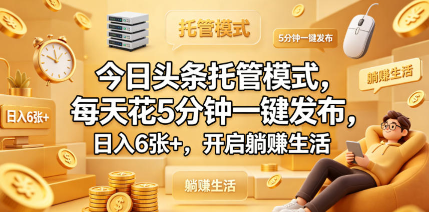 今日头条托管模式，每天花5分钟一键发布，日入6张+，开启躺賺生活【揭秘】-蓝海云网创