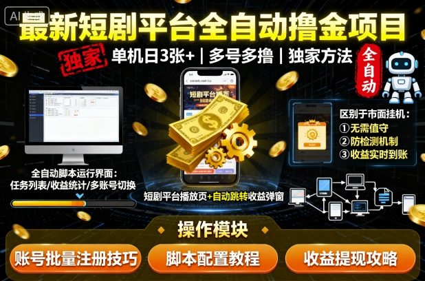 最新短剧平台全自动挂G撸金项目，单机一天3张+，多号多撸，区别于市面所有挂机项目，独家方法【揭秘】-蓝海云网创