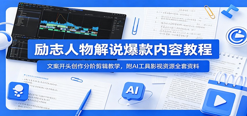 励志人物解说爆款内容教程：文案开头创作分阶剪辑教学，附AI 工具影视资源全套资料-蓝海云网创