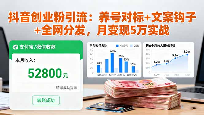 抖音创业粉引流：养号对标+文案钩子+全网分发，月变现5万实战-蓝海云网创