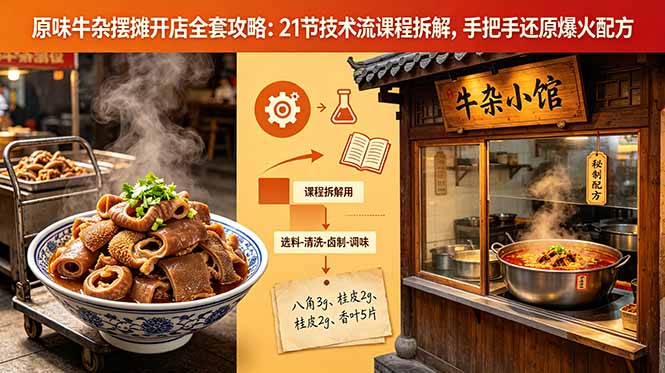 原味牛杂摆摊开店全套攻略：21节技术流课程拆解，手把手还原爆火配方-蓝海云网创