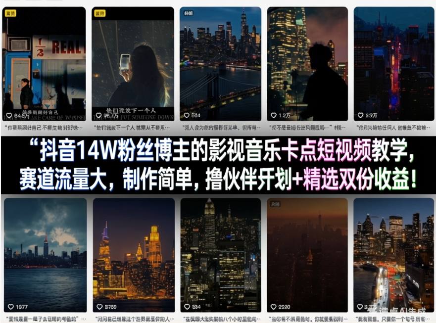 抖音14W粉丝博主的影视音乐卡点短视频教学，赛道流量大，制作简单，撸伙伴计划+精选双份收益！-蓝海云网创