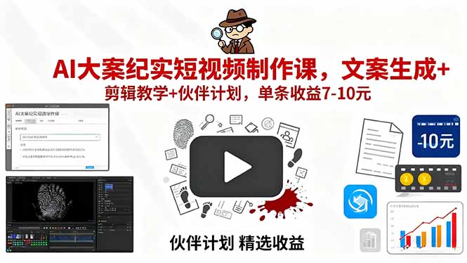 AI大案纪实短视频制作课,文案生成+剪辑教学+伙伴计划,单条收益7-10元-蓝海云网创