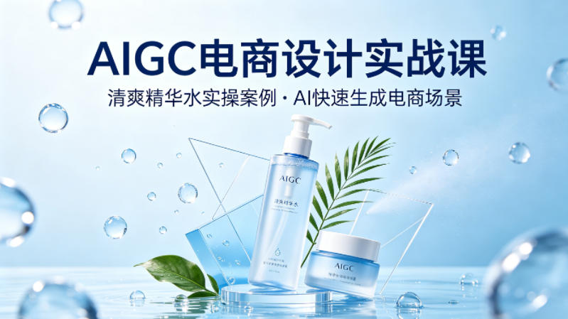 AIGC电商设计实战课，以清爽精华水为实操案例，教你用AI快速生成电商场景-蓝海云网创
