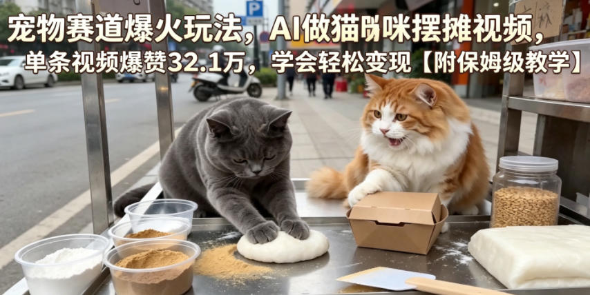 宠物赛道爆火玩法，AI做猫咪摆摊视频，单条视频爆赞32.1万，学会轻松变现【附保姆级教学】-蓝海云网创