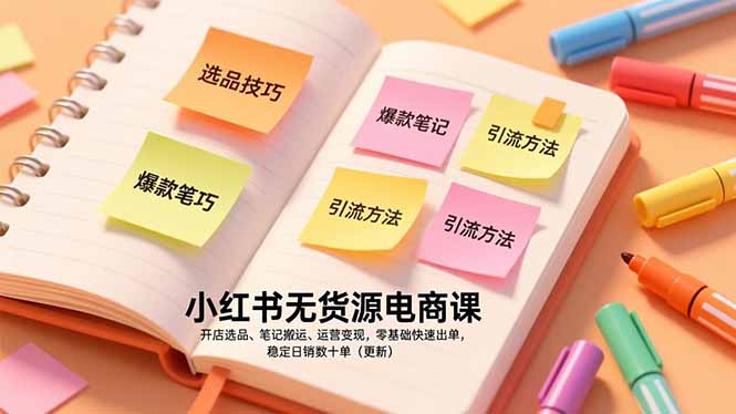 小红书无货源电商课，开店选品、笔记搬运、运营变现，零基础快速出单，稳定日销数十单(更新-蓝海云网创