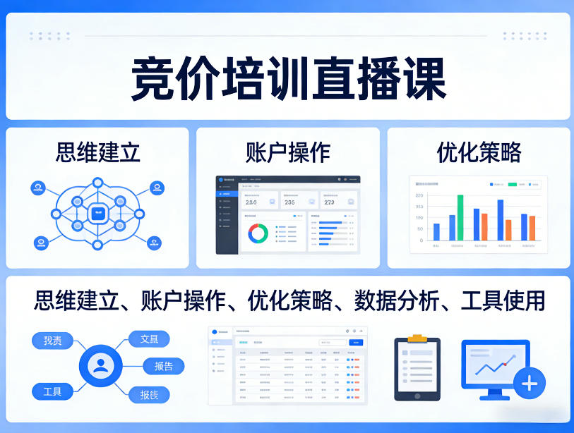 竞价培训直播课，覆盖思维建立、账户操作、优化策略、数据分析、工具使用等，全方位提升效果-蓝海云网创