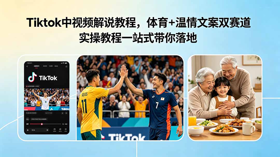 Tiktok中视频解说教程，体育+温情文案双赛道实操教程一站式带你落地-蓝海云网创