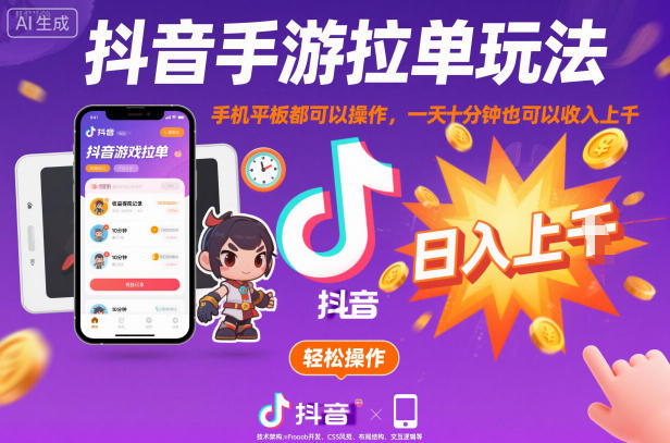 抖音手游拉单玩法,手机平板都可以操作,一天十分钟也可以收入上K【揭秘】-蓝海云网创