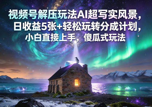 视频号解压玩法AI超写实风景，日收益5张+轻松玩转分成计划，小白直接上手，傻瓜式玩法-蓝海云网创