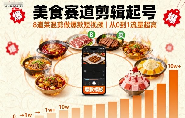 美食赛道剪辑起号，8道菜混剪做爆款短视频，从0到1，流量超高-蓝海云网创
