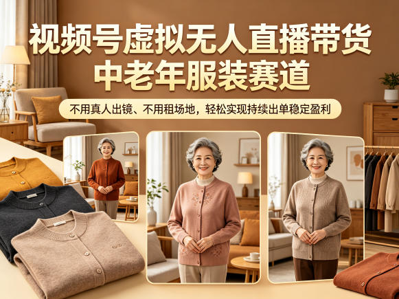 视频号虚拟无人直播带货中老年服装赛道，不用真人出镜、不用租场地，轻松实现持续出单稳定盈利-蓝海云网创
