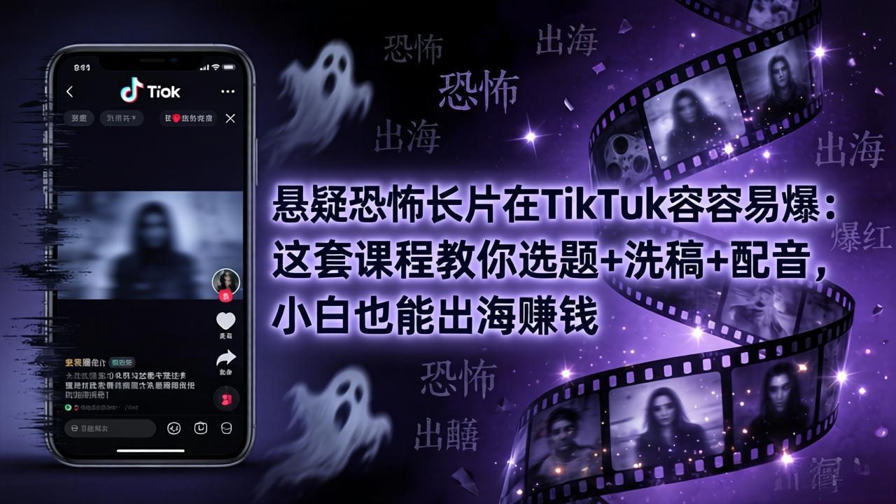 悬疑恐怖长片在TikTok最容易爆：这套课程教你选题+洗稿+配音，小白也能出海赚钱-蓝海云网创