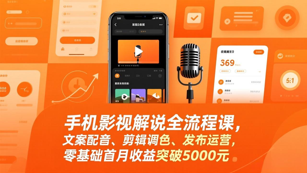 手机影视解说全流程课，文案配音、剪辑调色、发布运营，零基础首月收益突破5000元-蓝海云网创