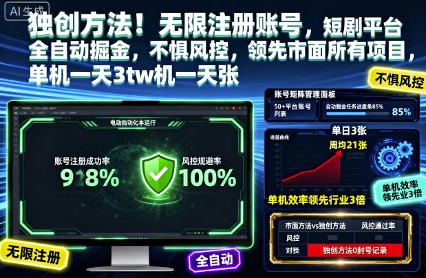 独创方法!无限注册账号,短剧平台全自动掘金,不惧风控,领先市面所有项目,单机一天3张【揭秘】-蓝海云网创