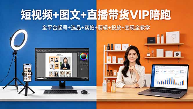 短视频+图文+直播带货VIP陪跑，全平台起号+选品+实拍+剪辑+投放+变现全教学-蓝海云网创