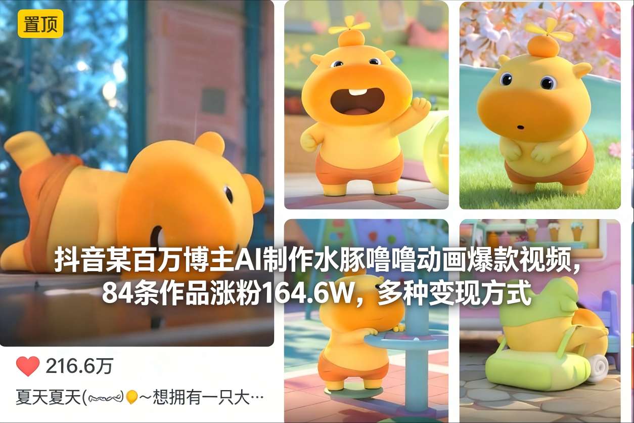 抖音某百万博主AI制作水豚噜噜动画爆款视频，84条作品涨粉164.6W，多种变现方式-蓝海云网创