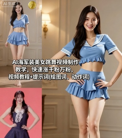 AI海军装美女跳舞视频制作教学，快速涨千粉万粉，视频教程+提示词(绘图词、动作词)-蓝海云网创