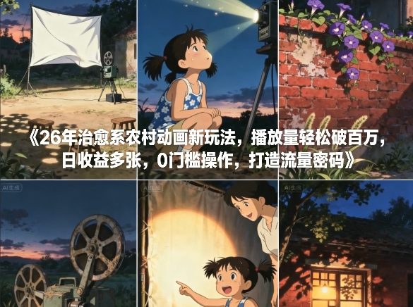 26年治愈系农村动画新玩法，播放量轻松破百万，日收益多张，0门槛操作，打造流量密码-蓝海云网创