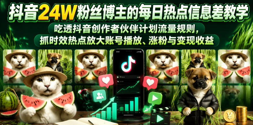 抖音24W粉丝博主的每日热点信息差教学，吃透创作者伙伴计划流量规则，抓时效热点放大账号播放、涨粉与变现收益-蓝海云网创